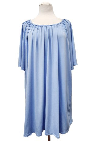 Solid Baby Blue Pleated Neckline Shirt Top