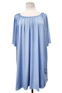 Solid Baby Blue Pleated Neckline Shirt Top