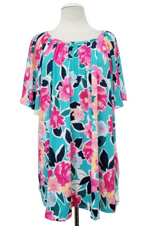 Teal Pink Navy Floral Pleated Shirt Top