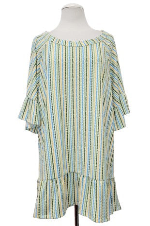 Green Blue Yellow Vertical Stripe Shirt Top