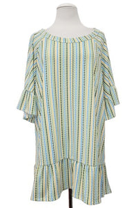 Green Blue Yellow Vertical Stripe Shirt Top