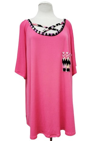 Bright Pink Top w Gorgeous Pocket & Matching X Neckline