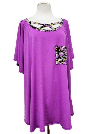 Purple Floral X Neck Shirt Top w Matching Pocket