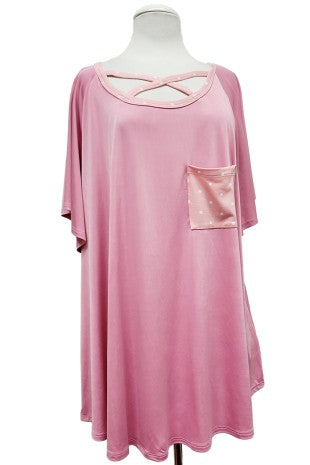 Pink Polka Dot Criss Cross Neckline and Matching Pocket Shirt Top