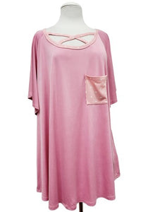Pink Polka Dot Criss Cross Neckline and Matching Pocket Shirt Top