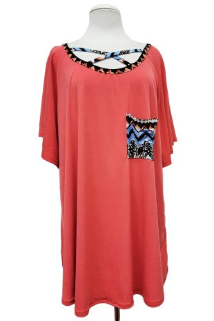 Red Coral X Neck Shirt w Chest Pocket
