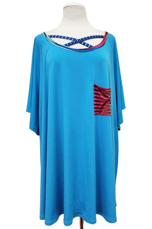 Bright Blue Shirt with Cute Matching Pocket & X Neckline