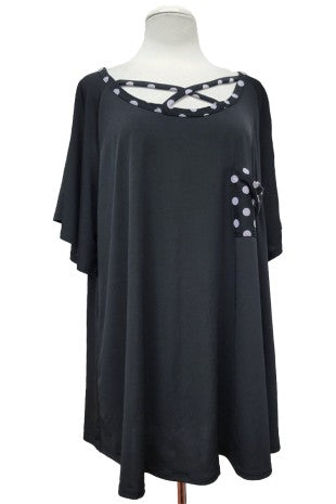 Solid Black Shirt Top w Polka Dot Pocket and X Neck Line