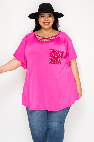 Pink Fuschia Shirt Top w X Neckline