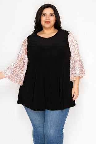 Black Shirt Top w Cute Flowy Boho Sleeves