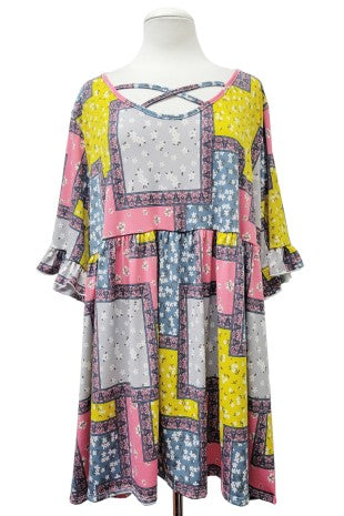 Pink Blue Yellow Patchwork Floral X Neck Shirt Top