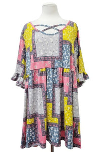Pink Blue Yellow Patchwork Floral X Neck Shirt Top