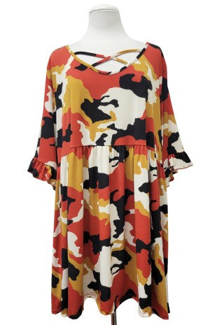 Orange Black Camo X Neck Shirt Top