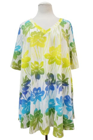White Yellow Green Blue Floral Shirt Top