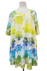 White Yellow Green Blue Floral Shirt Top