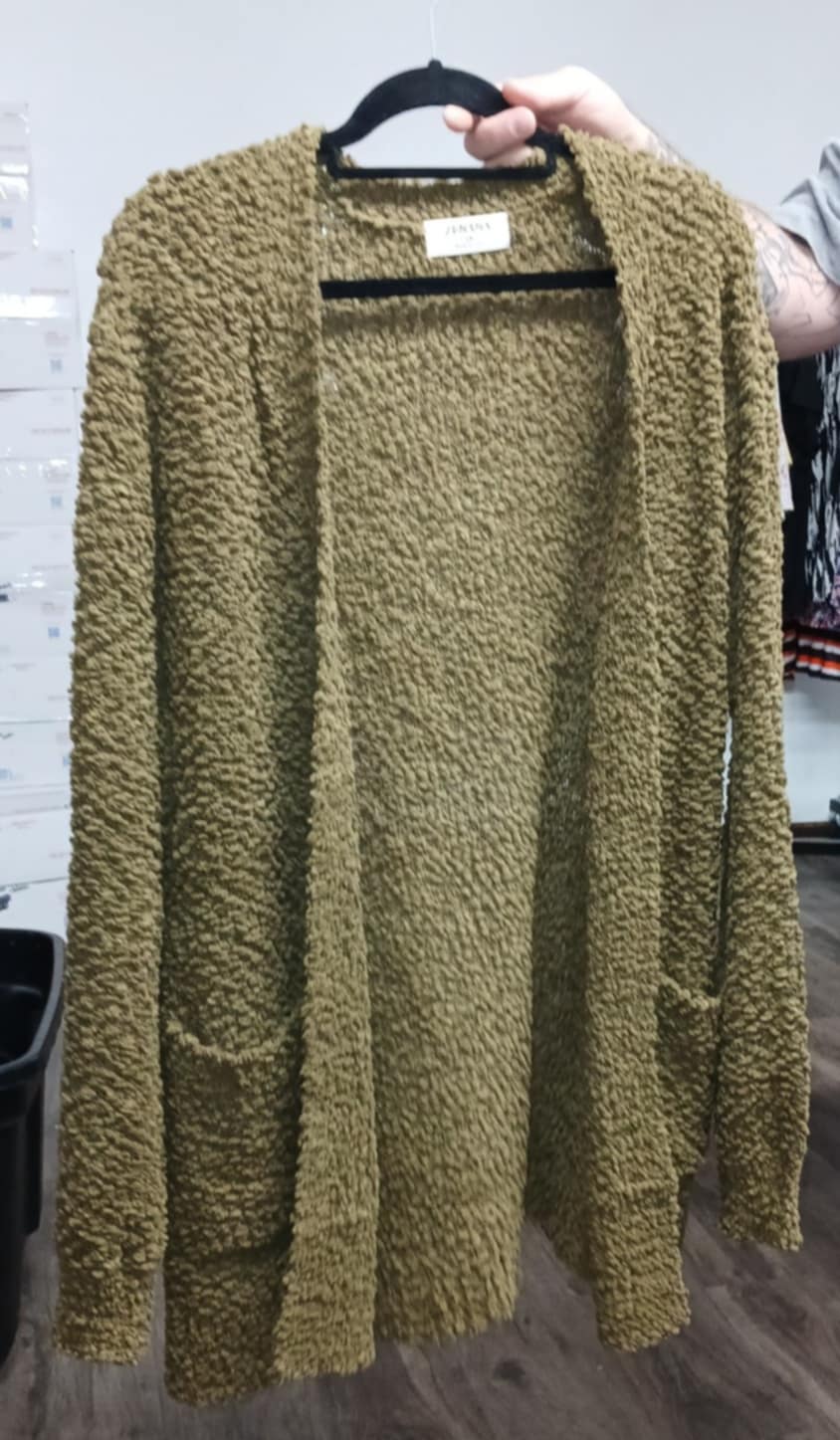 Olive Army Green Open Front Popcorn Cardigan w Pockets