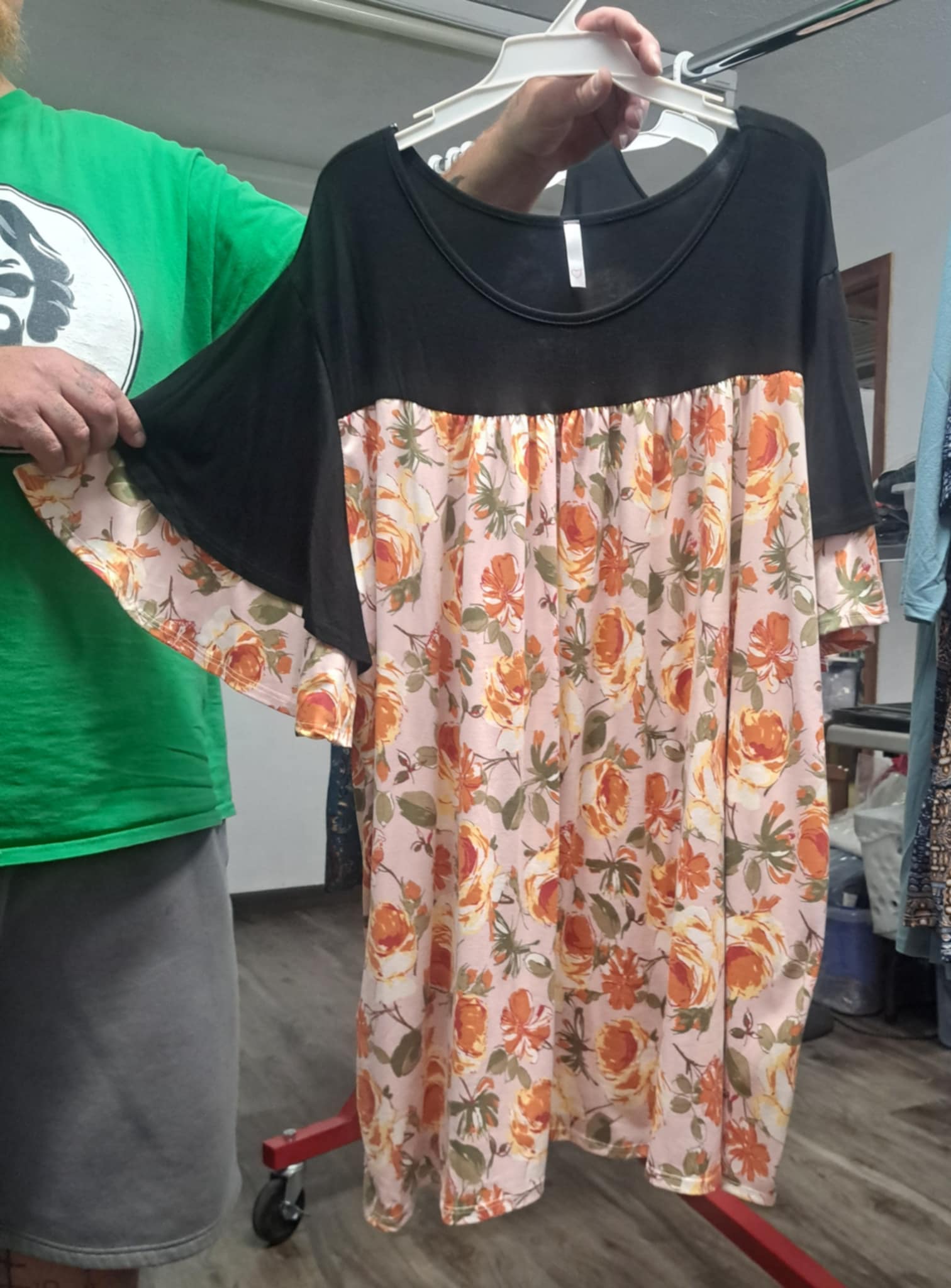 Black Shirred Pink Orange Floral Shirt Top