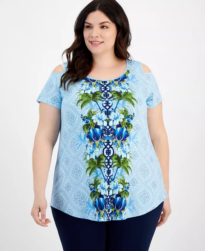 Blue Floral Cold Shoulder Shirt Top