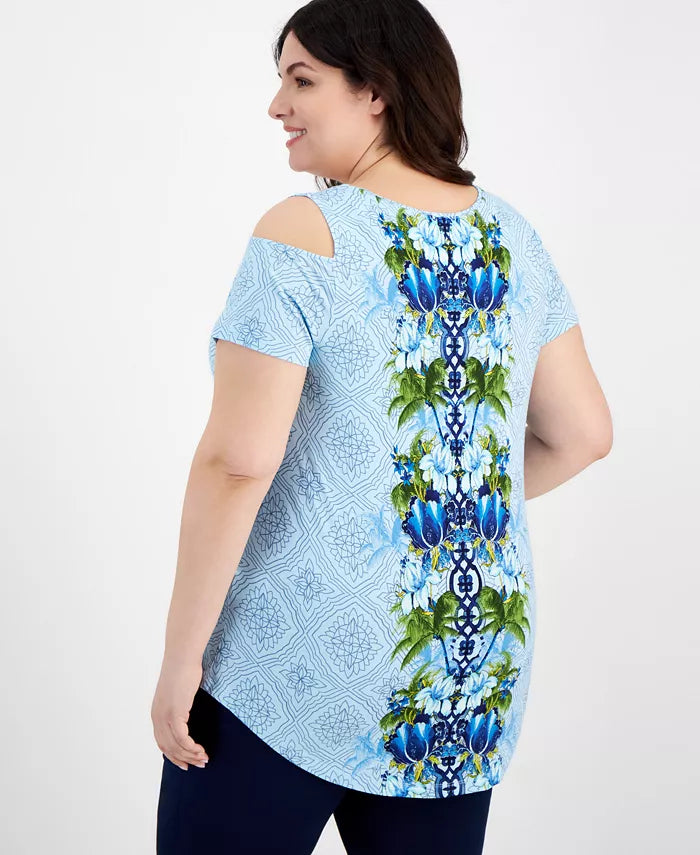 Blue Floral Cold Shoulder Shirt Top