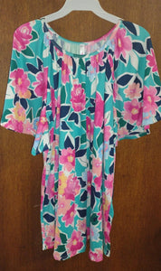 Teal Pink Navy Floral Pleated Shirt Top