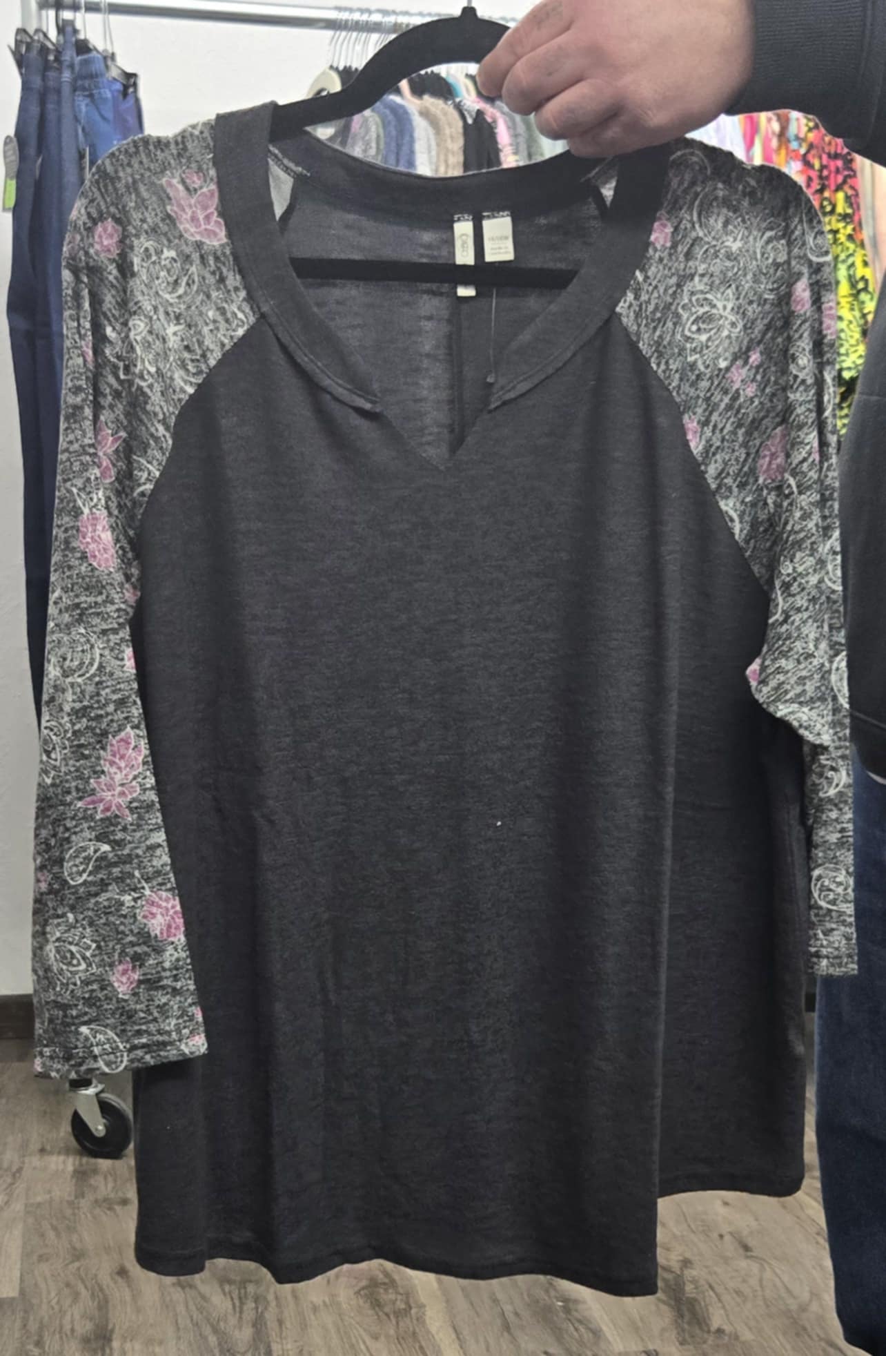 Black Shirt Top with Gray Paisley Floral Sleeves