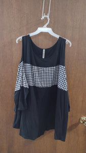 Black & White Houndstooth Cold Shoulder Shirt Top