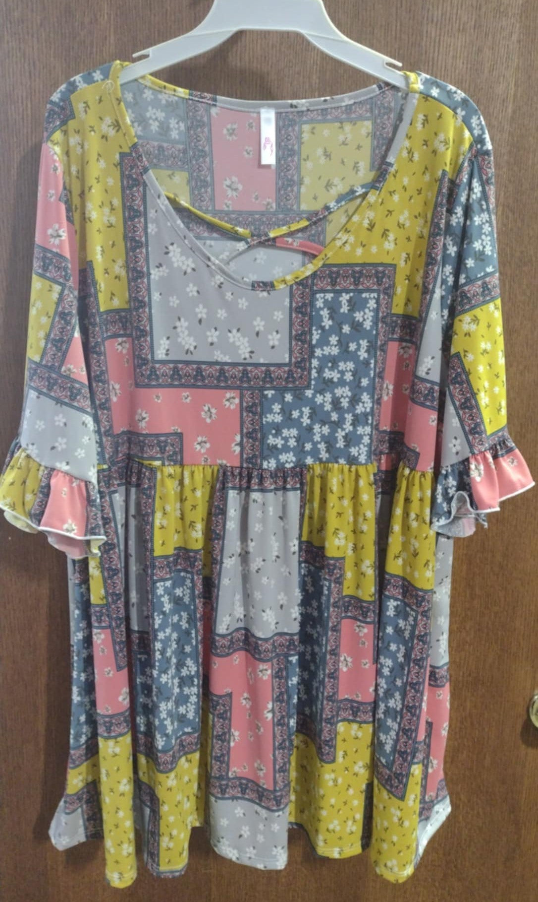 Pink Blue Yellow Patchwork Floral X Neck Shirt Top