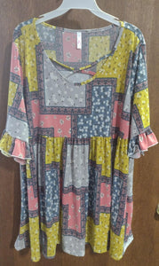 Pink Blue Yellow Patchwork Floral X Neck Shirt Top