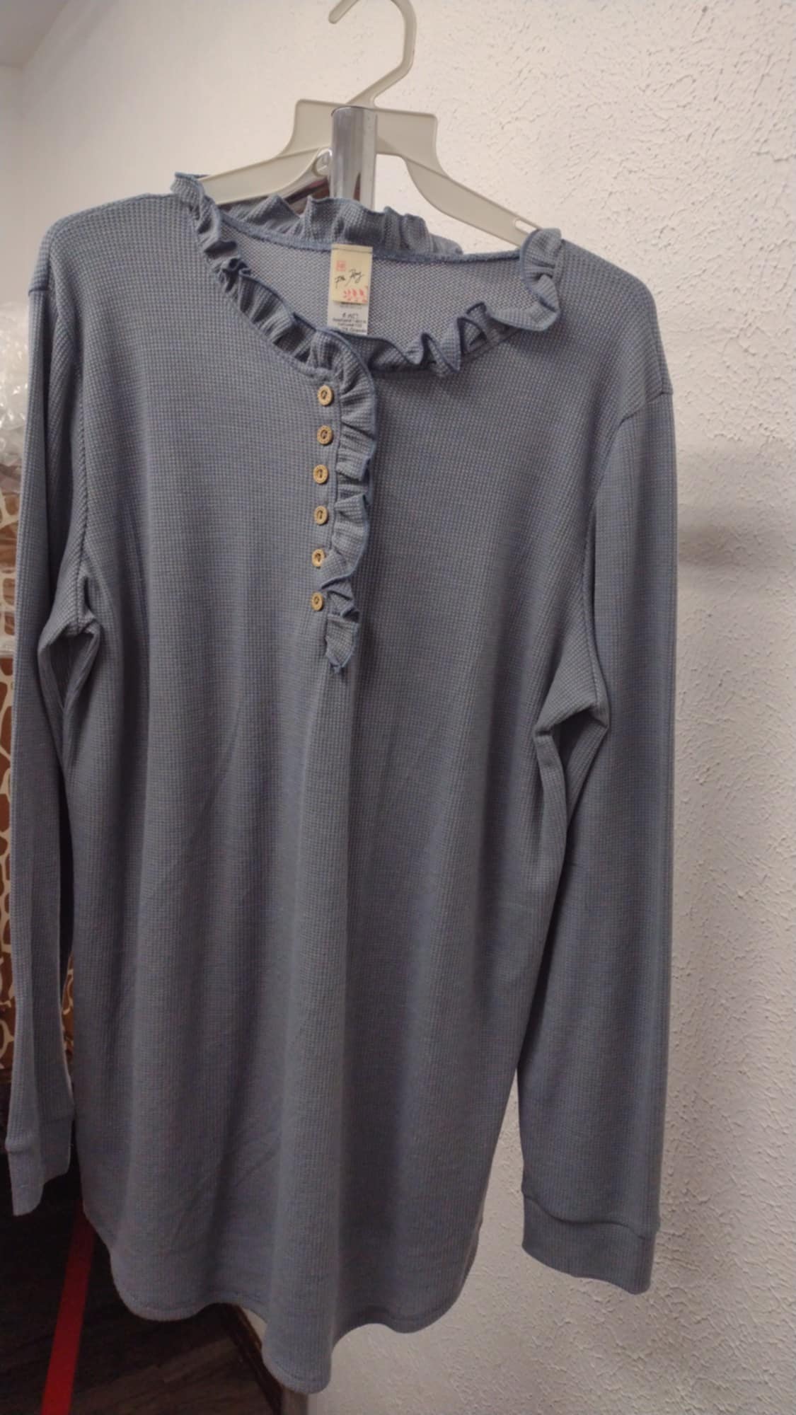 Blue Button Ruffle Neck Shirt Top