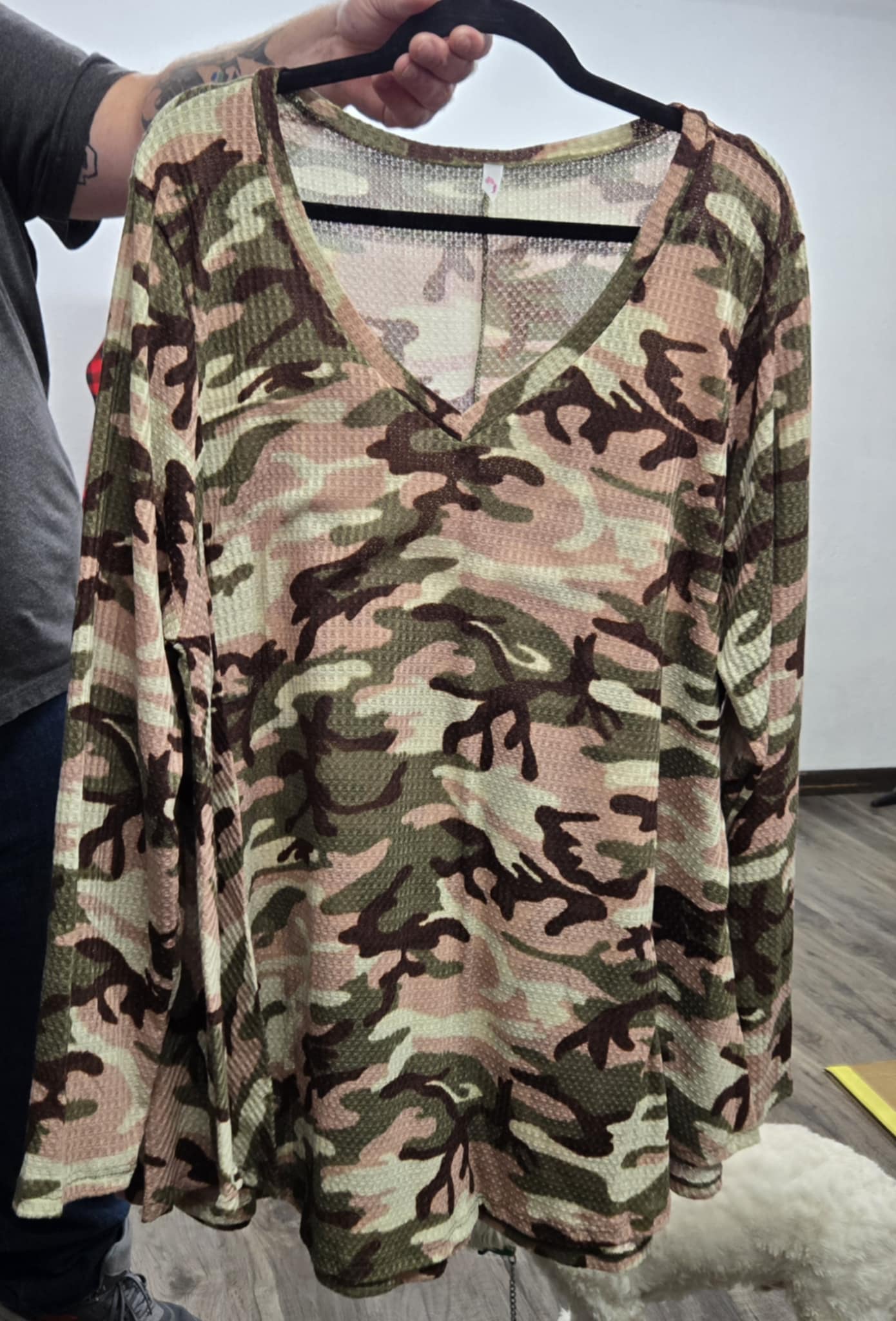 Pink Green Camo Waffle Weave V Neck Shirt Top