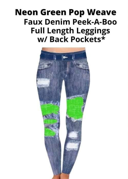 Faux Denim Neon Green Pop Weave Patch Full Length Legging Leggings