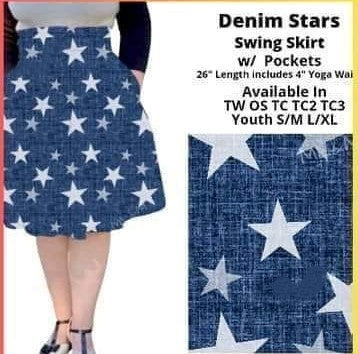 Faux Denim Star Swing Skirt w Pockets Patriotic