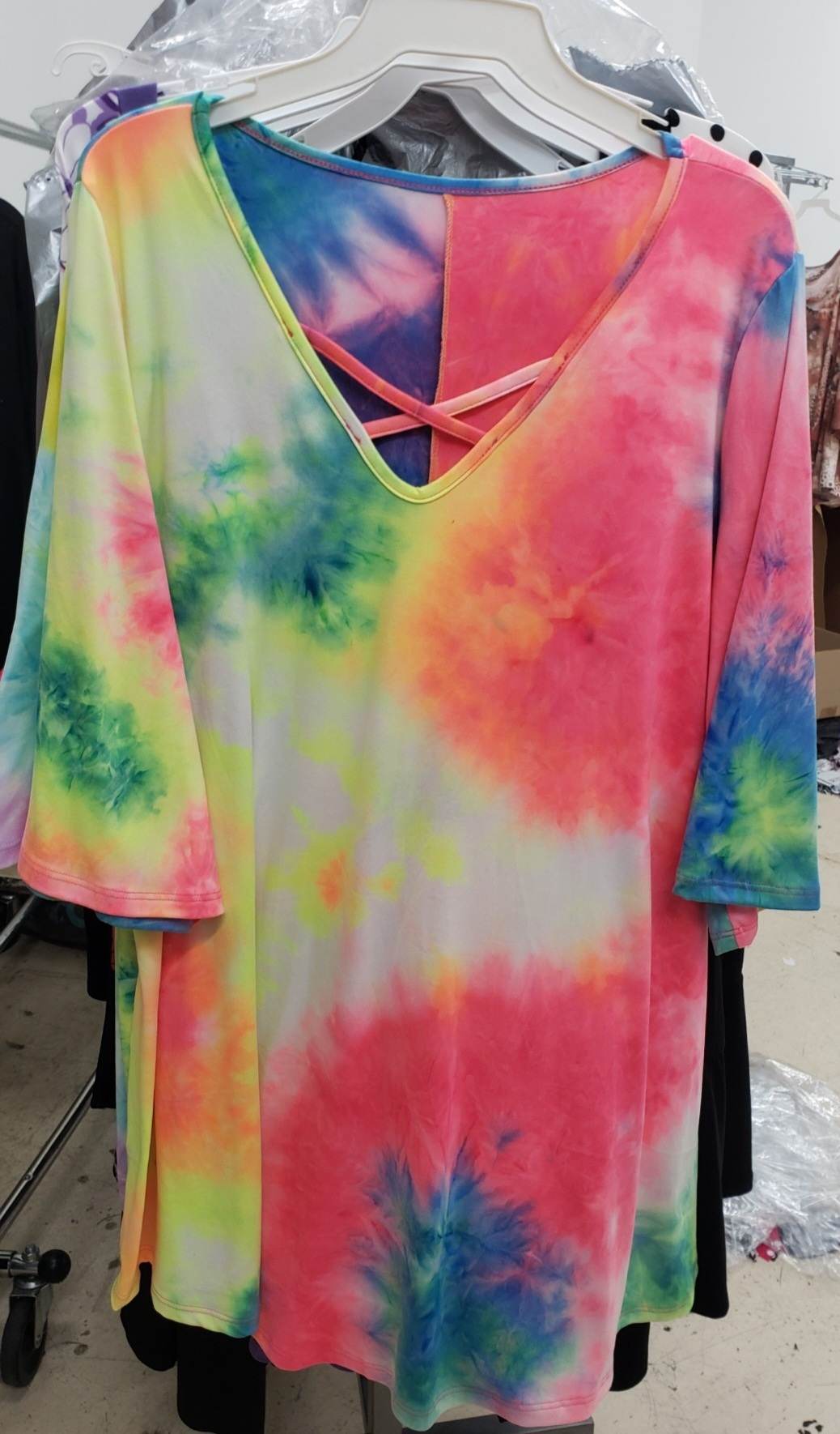 PSFU Bright Tie Dye Caged X Neck Shirt Top