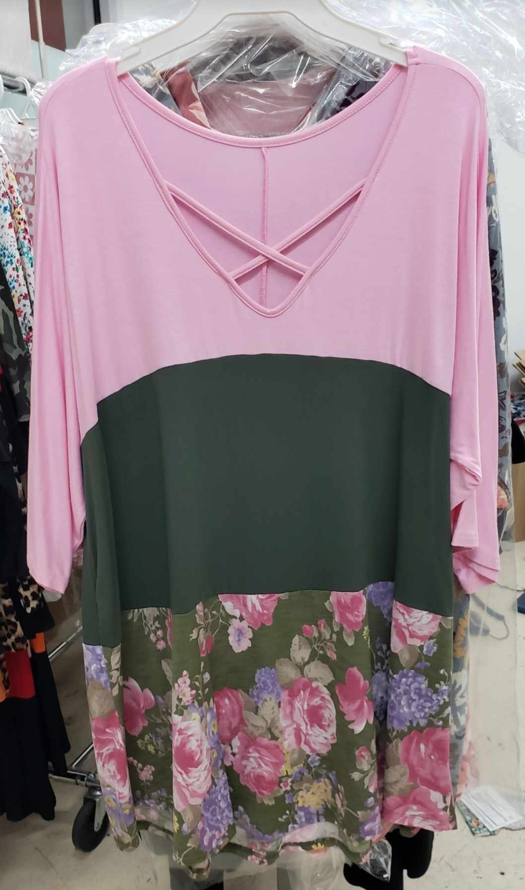 PSFU Pink Green Floral Colorblock X Caged Criss Cross Neckline Shirt Top