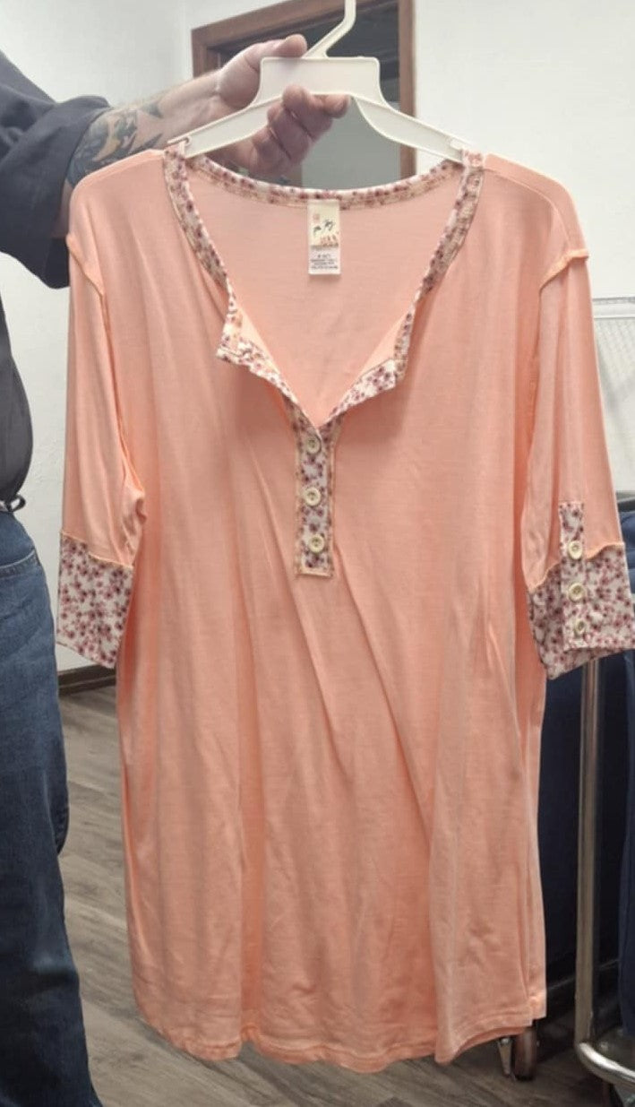 Pink Floral Collar Sleeve Button Shirt Top