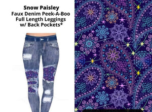 Faux Denim Purple Snow Paisley Patch Full Length Leggings