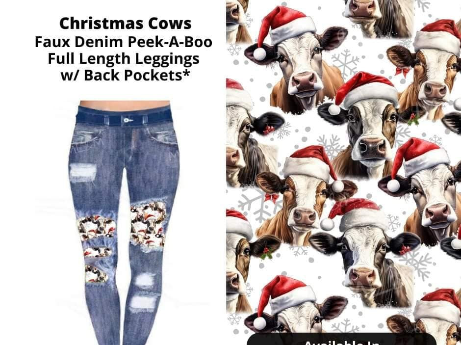 Faux Denim Christmas Cow Full Length Leggings