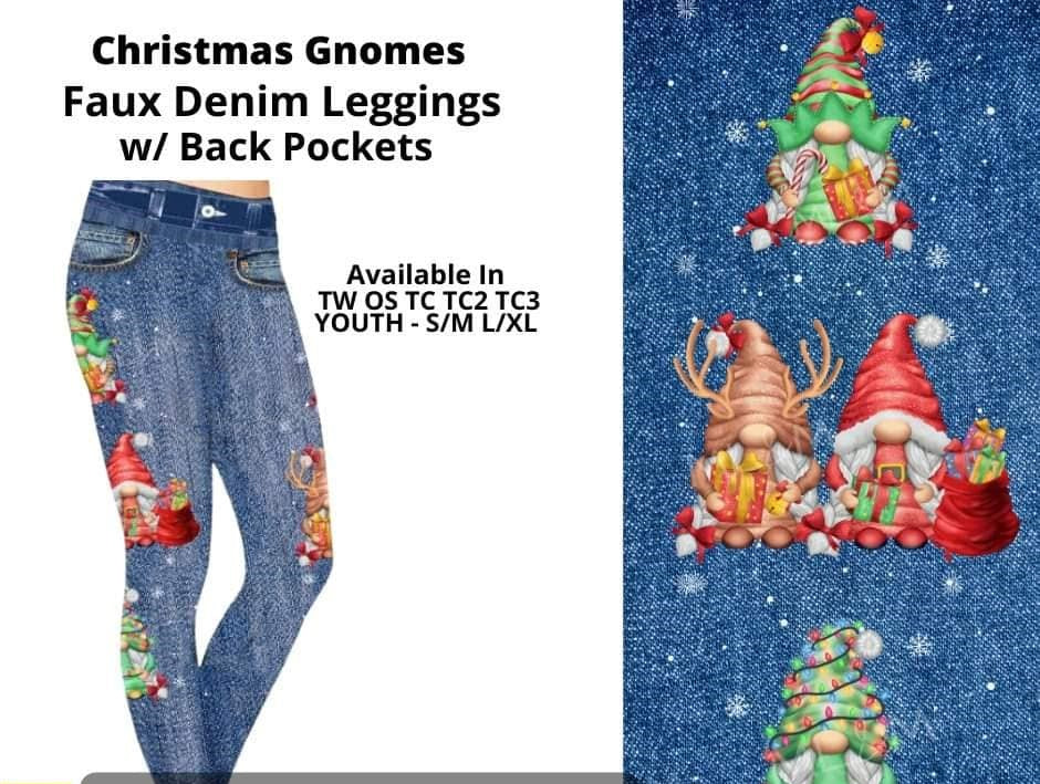 Faux denim Christmas Xmas Holiday Gnome Full Length Leggings