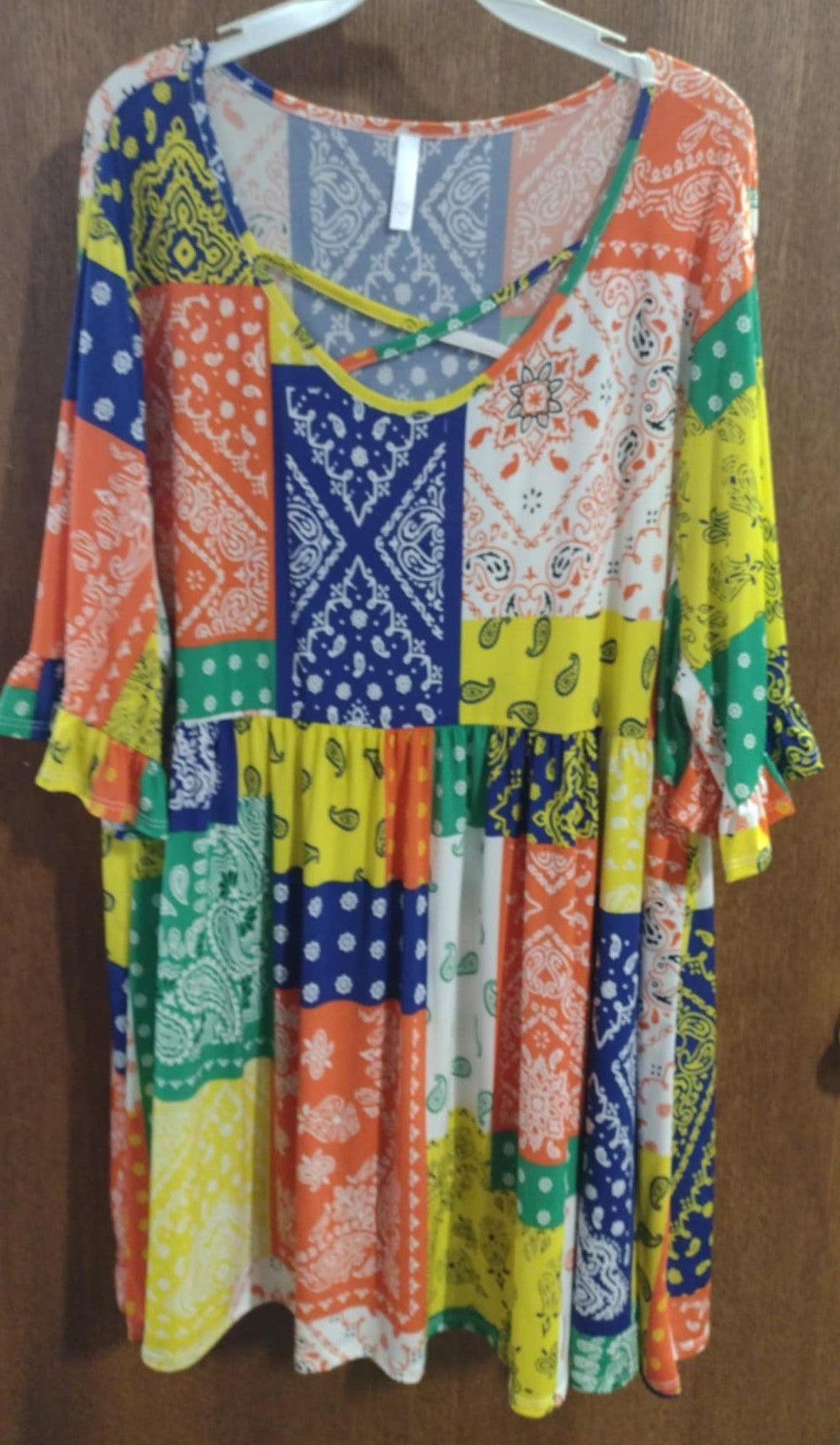 Bright Blue Yellow Orange Patchwork X Neck Shirt Top