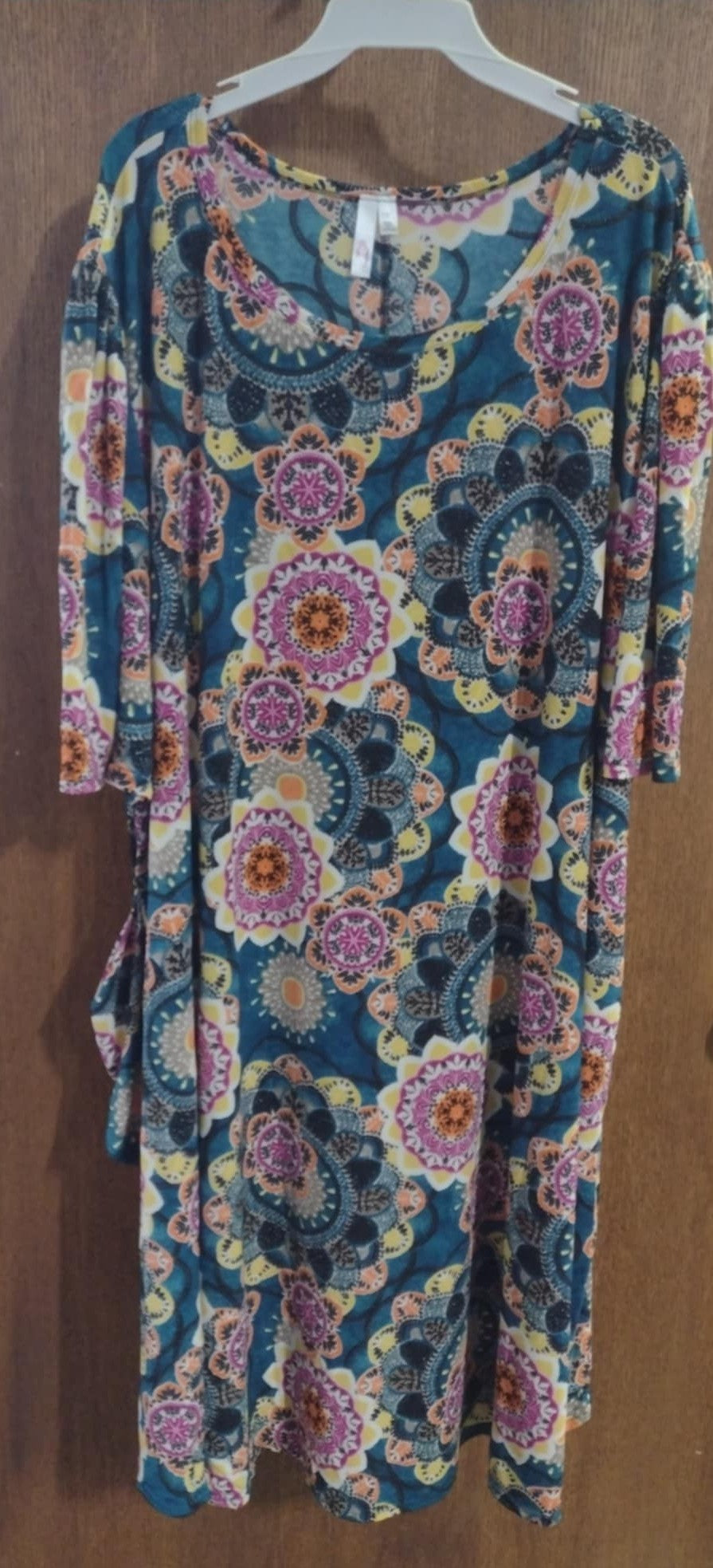 Green Yellow Orange Pink Medallion Dress w Pockets