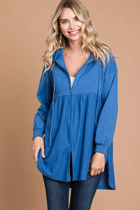 Blue Ruched Zip Up Hoodie