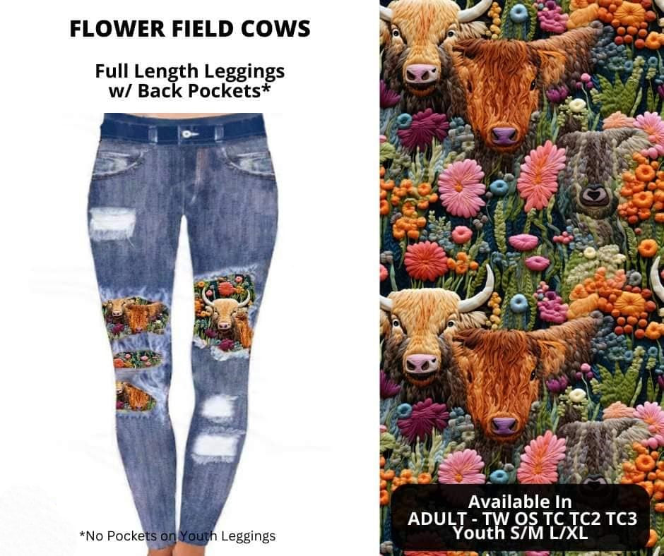 Faux Denim Flower Cow Patch Full Length Leggings