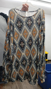 Gray Aztec Print Long Sleeve Shirt Top
