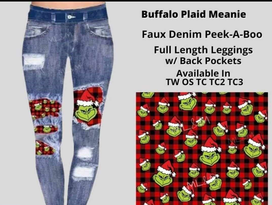 Buffalo Plaid Meanie Grinch Faux Denim Full Length Peekaboo Leggings
