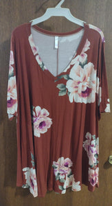 Burnt Orange Burgundyish Floral Shirt Top