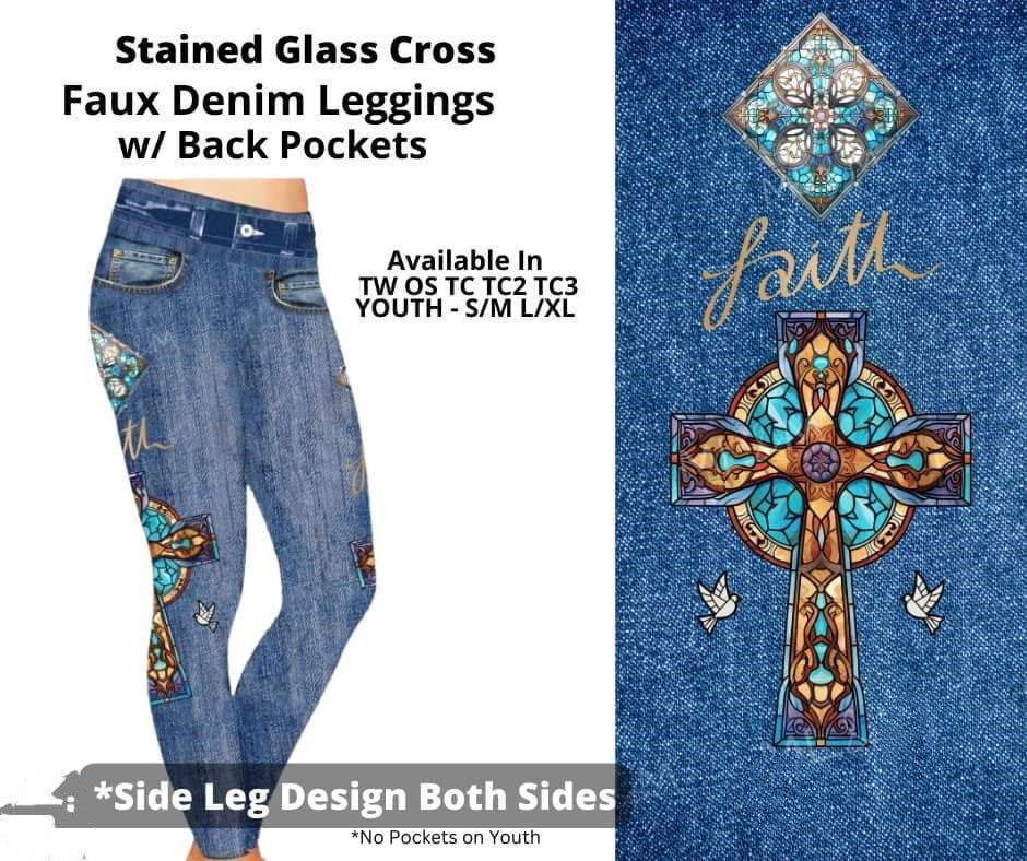 Faux Denim Stained Glass Faith Cross Full Length Leggings
