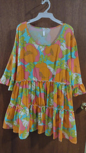 Bright Beautiful Pink Orange Green Tiered Floral Shirt Top