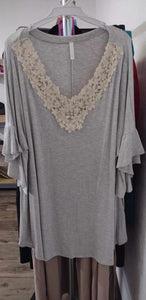 Gray Shirt Top with Lace Lattice Neckline