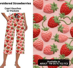 Pink Embroidered Strawberry Strawberries Capri Gaucho