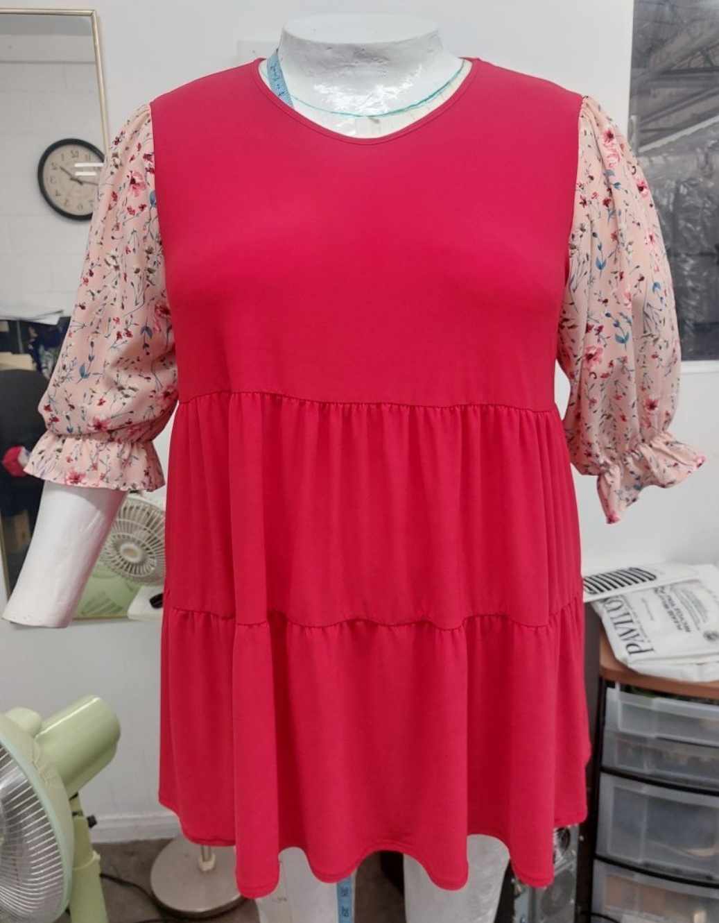 PSFU Cherry Strawberry Red Shirt Top w Light Pink Semi Sheer Sleeves